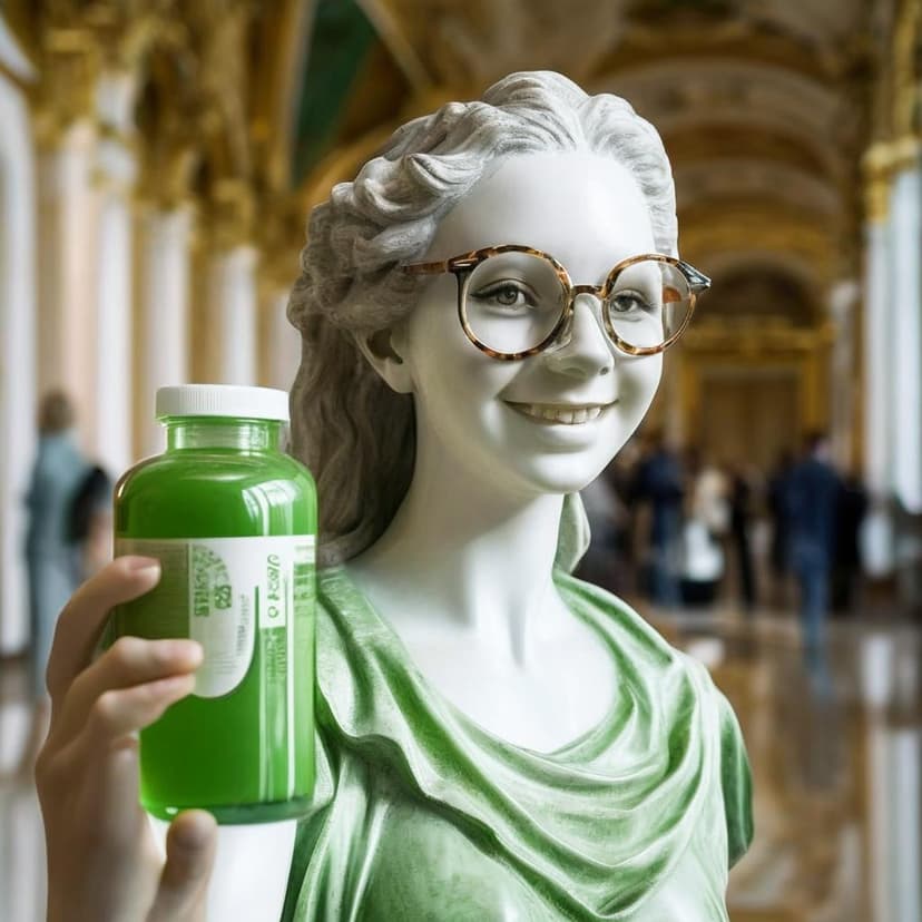 Close-up of a modern marble statue: a smiling girl with stylish glasses and hair