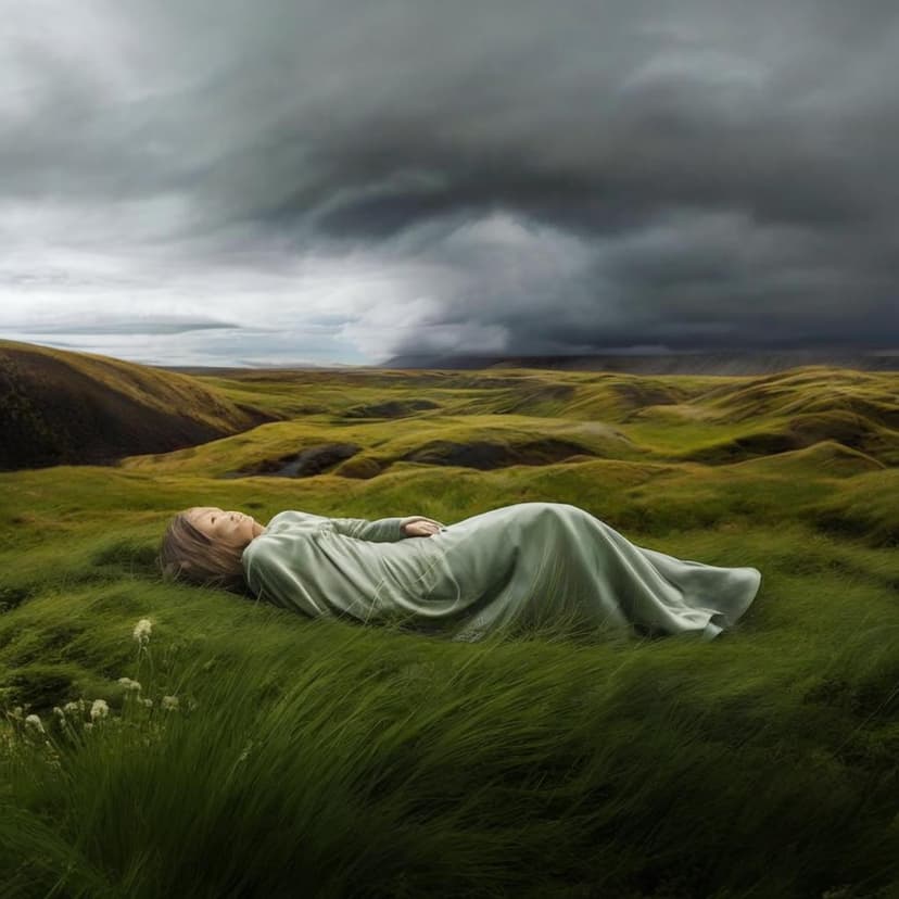 A photorealistic landscape of grassy Icelandic hills sculpted into the form of a reclining woman