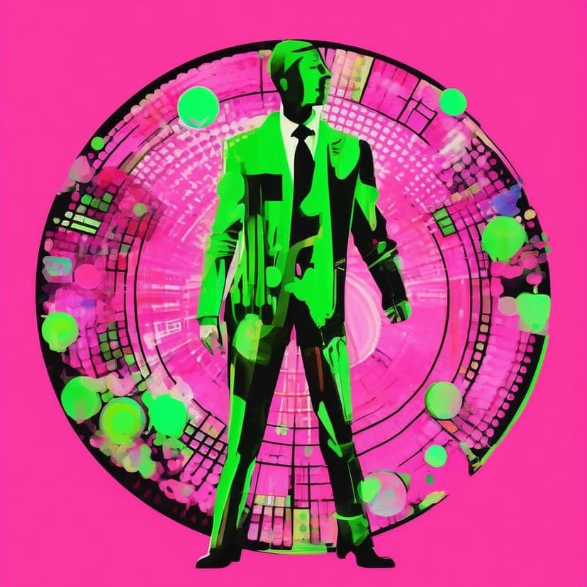 A vibrant pop-art figure with a smart contract icon