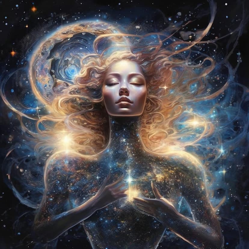 A celestial woman emerges from swirling galaxies