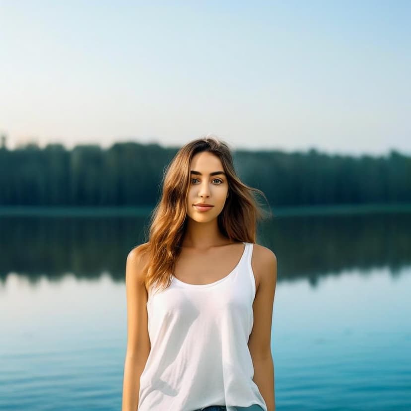 A young woman admires a green shampoo bottle