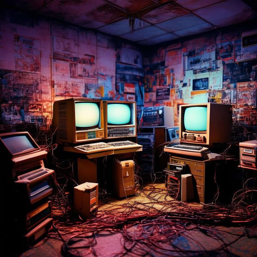 A retro 80s computer room with glowing CRT screens