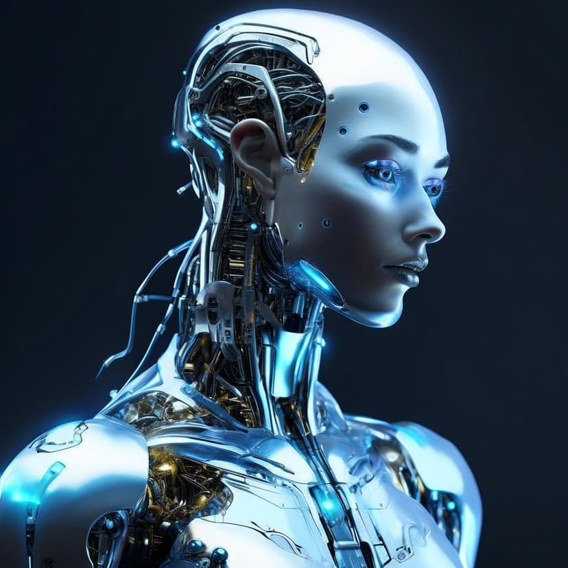 A futuristic AI humanoid with sleek silver and blue metallic skin