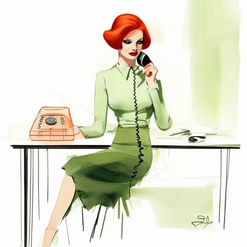 A 1960s-inspired fashion sketch: A striking redhead in a spring green skirt and cream blouse holds a vintage phone at a mid-century desk