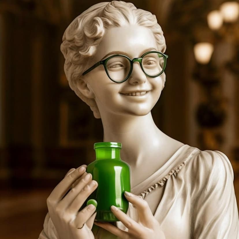 Close-up of a marble statue depicting a stylish modern girl with glasses