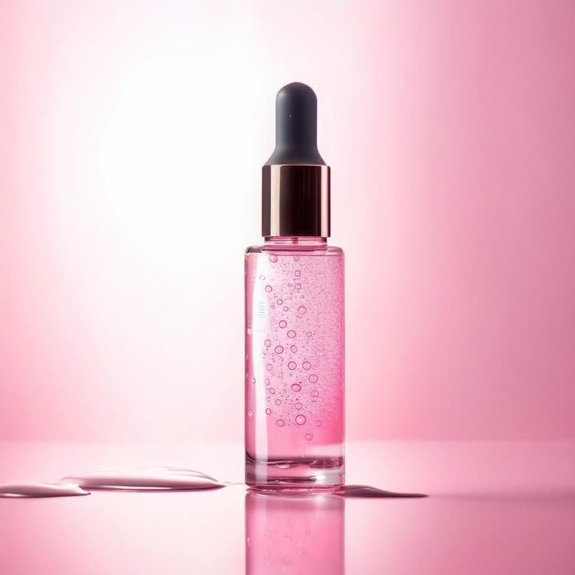 Droplets glisten on a sideways skincare bottle