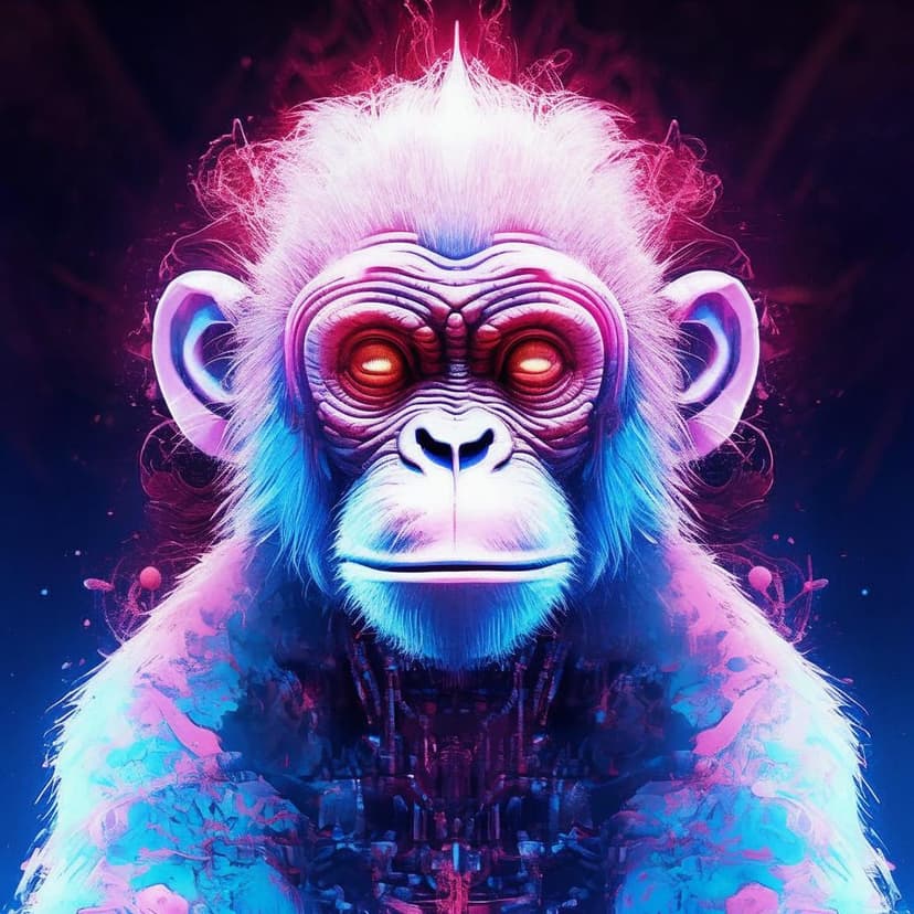 A glowing white cyberpunk monkey meditates