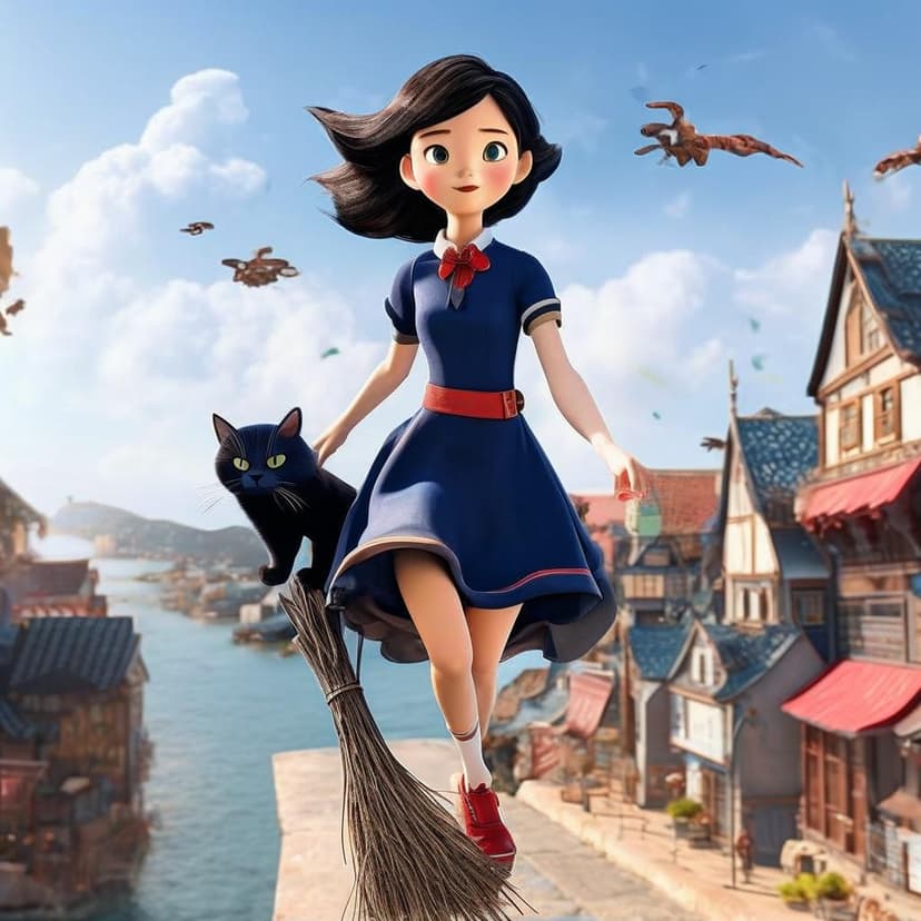 A hyper-realistic CG photo of Qiqi from *Witch’s Delivery Service* flying on a broom over a coastal town. She wears a navy dress with a red bow