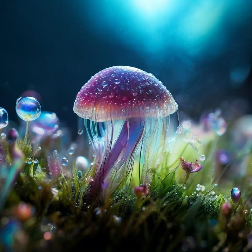 A hyper-detailed macro shot of a tiny water-humanoid standing on a dewy blade of grass
