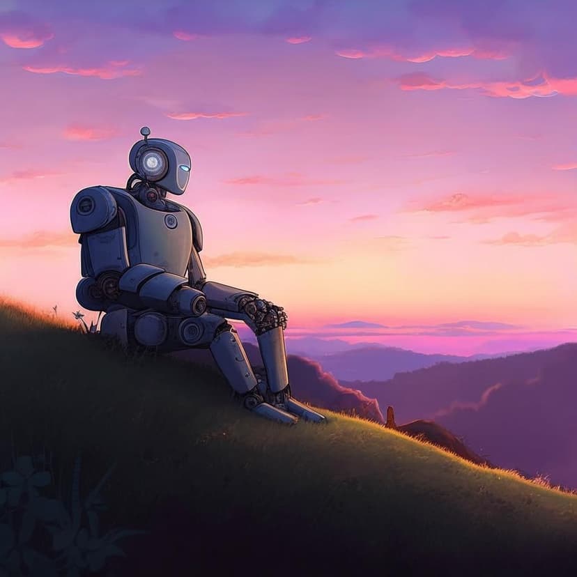 A massive robot reclines on a hillside at dusk