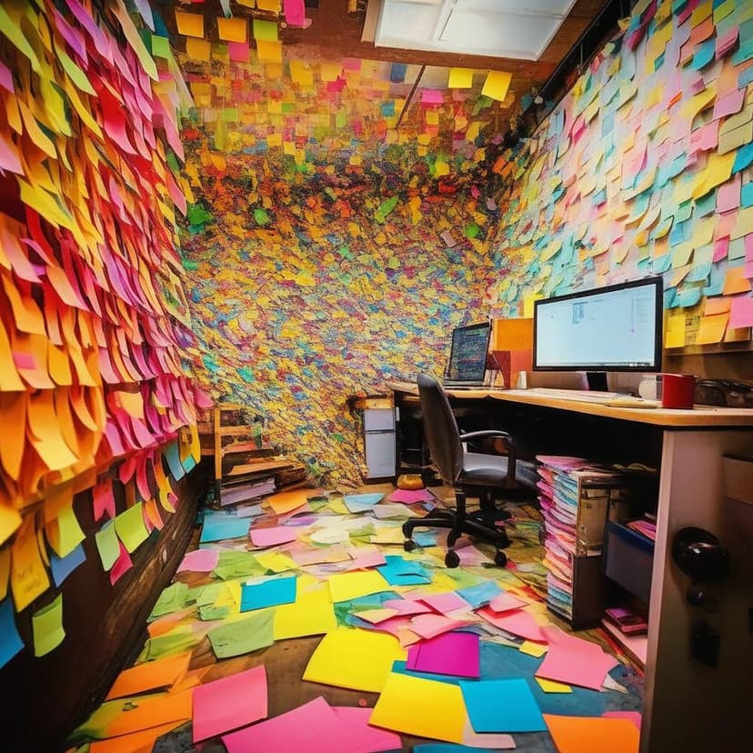 A vibrant tornado of colorful sticky notes spirals across a workspace