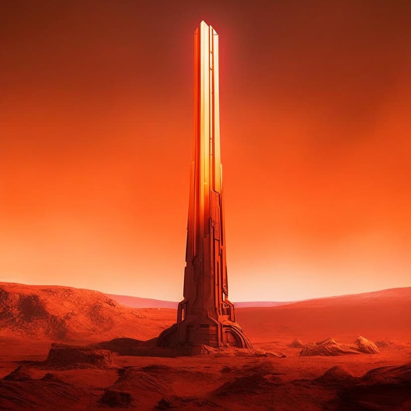 A towering sci-fi brutalist obelisk with glowing orange neon