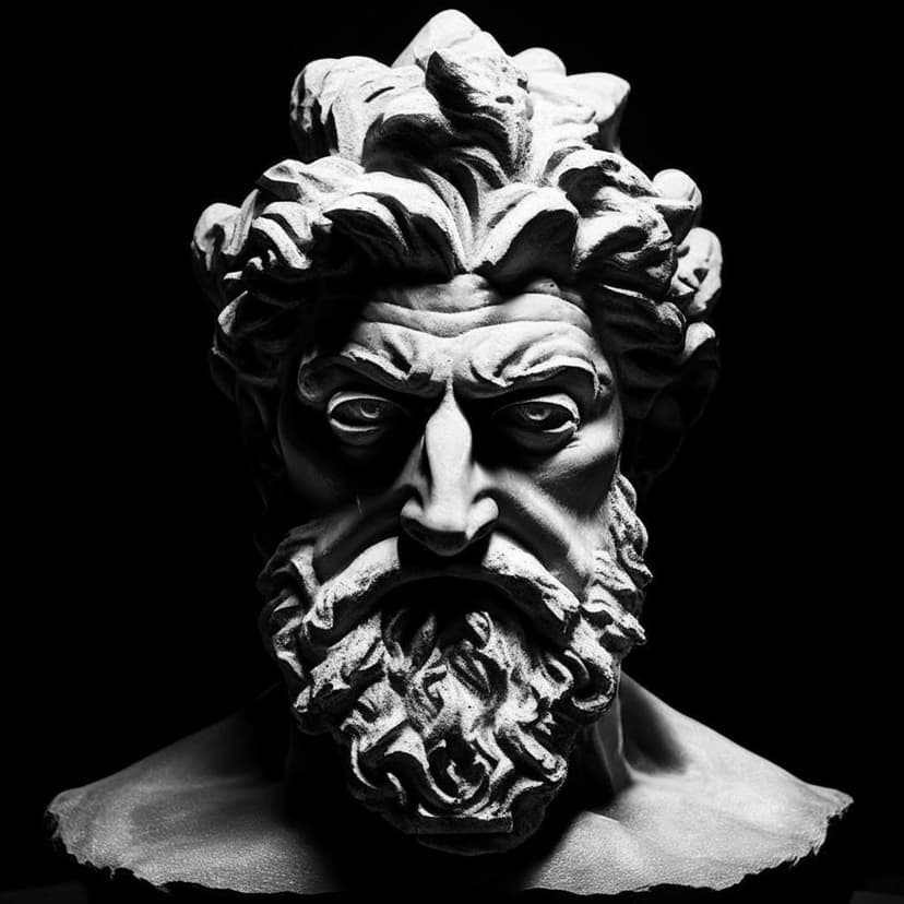 A stone-carved bust of Zeus with a glowing third eye