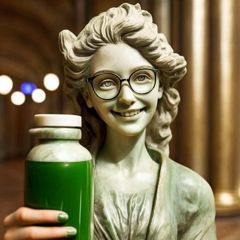 Close-up of a modern marble statue: a smiling girl with stylish glasses and hair
