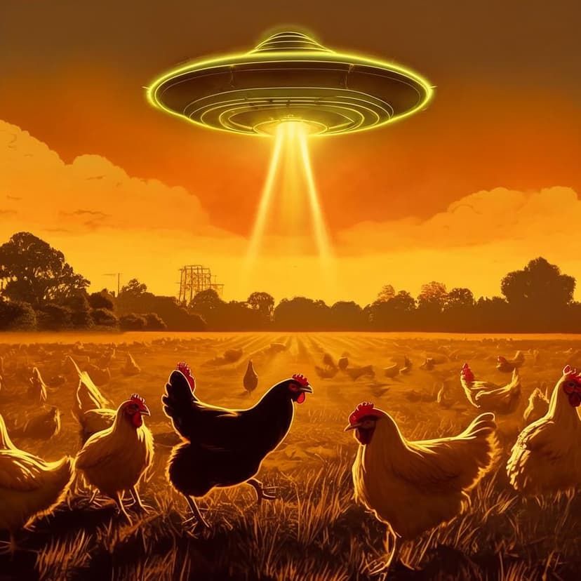 A glowing UFO beams light onto panicked chickens in a field