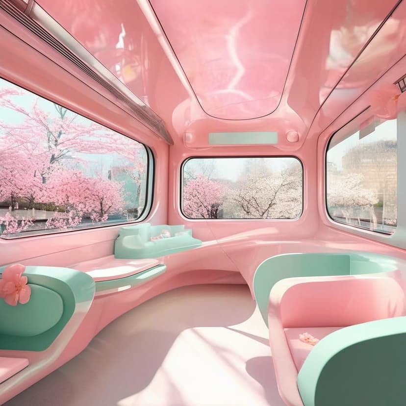 A sleek retrofuturistic train in pastel pink and mint