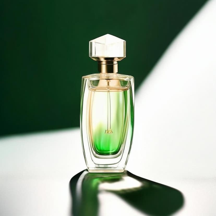 A sleek glass and wood tea-scented perfume bottle shines under moonlight
