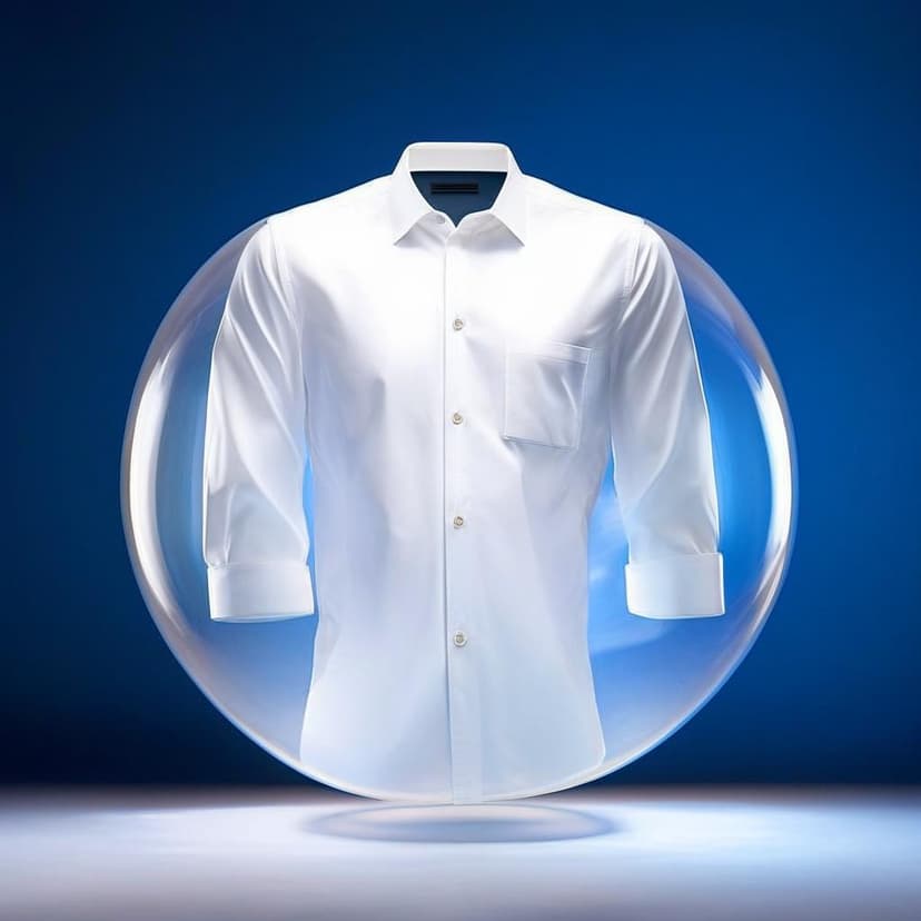 A crisp white cotton dress shirt floats elegantly inside a large translucent bubble