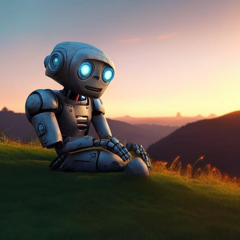 A massive robot reclines on a hillside at dusk