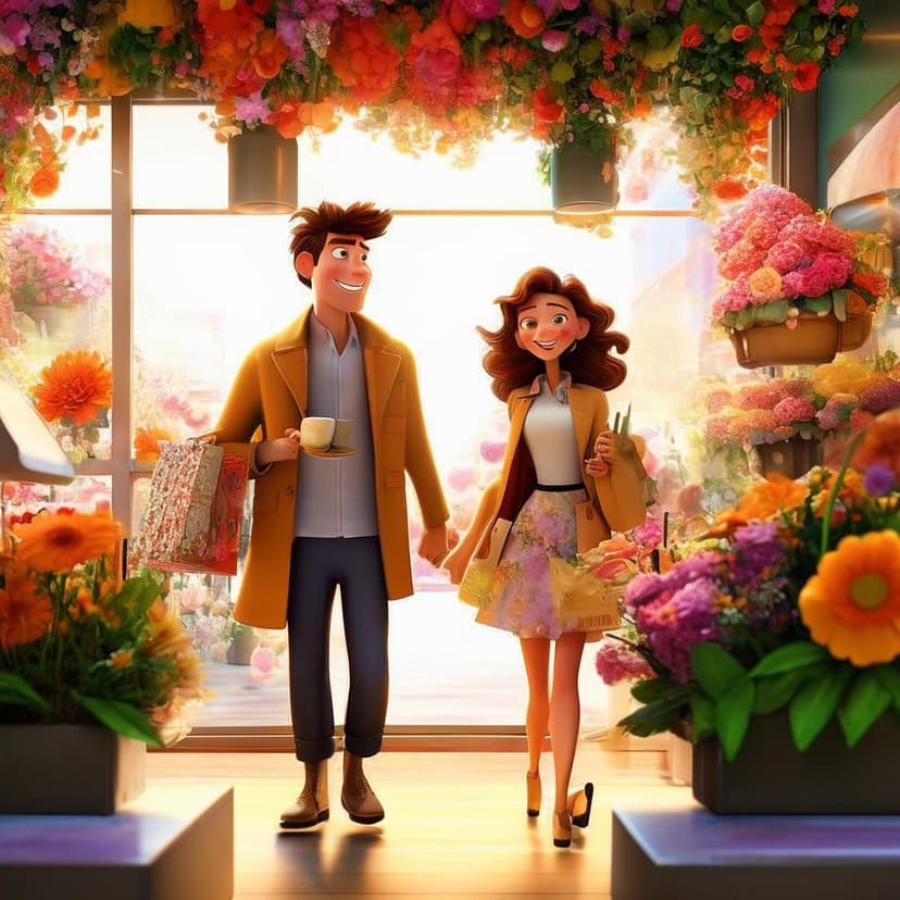 A joyful Pixar-style 3D couple enters a floral café