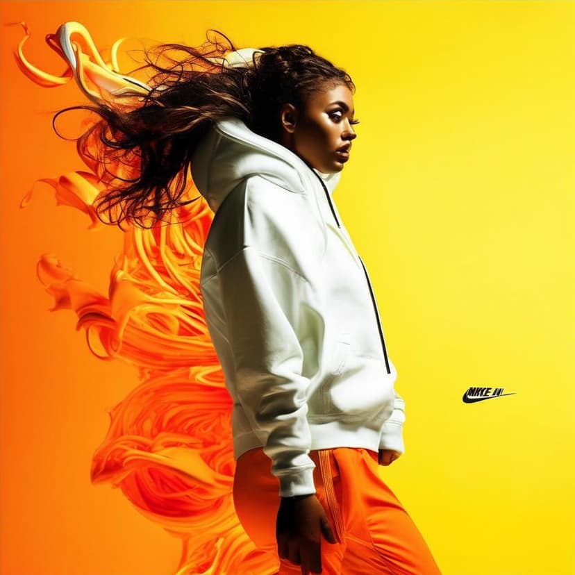 “Vibrant Nike Air ad: A bold female model leans back in white sweatshirt and orange cargos