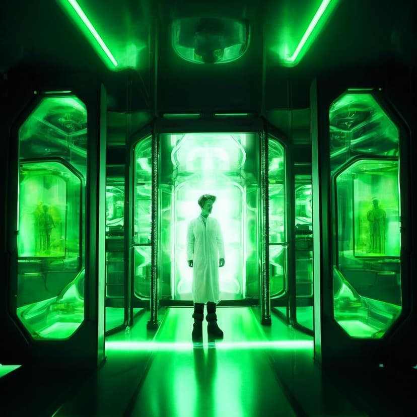 A scientist in white gazes sadly at a human floating in a glowing green pod