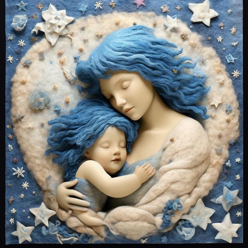 A dreamy wool felt painting shows a blue-haired angel cradling her child amid stars