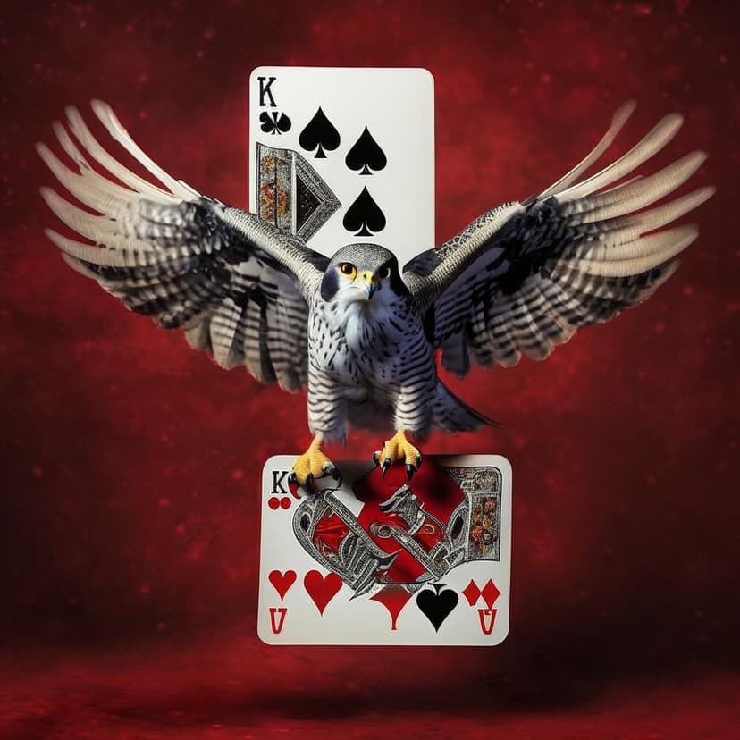 A majestic falcon bursts from a King of Spades card