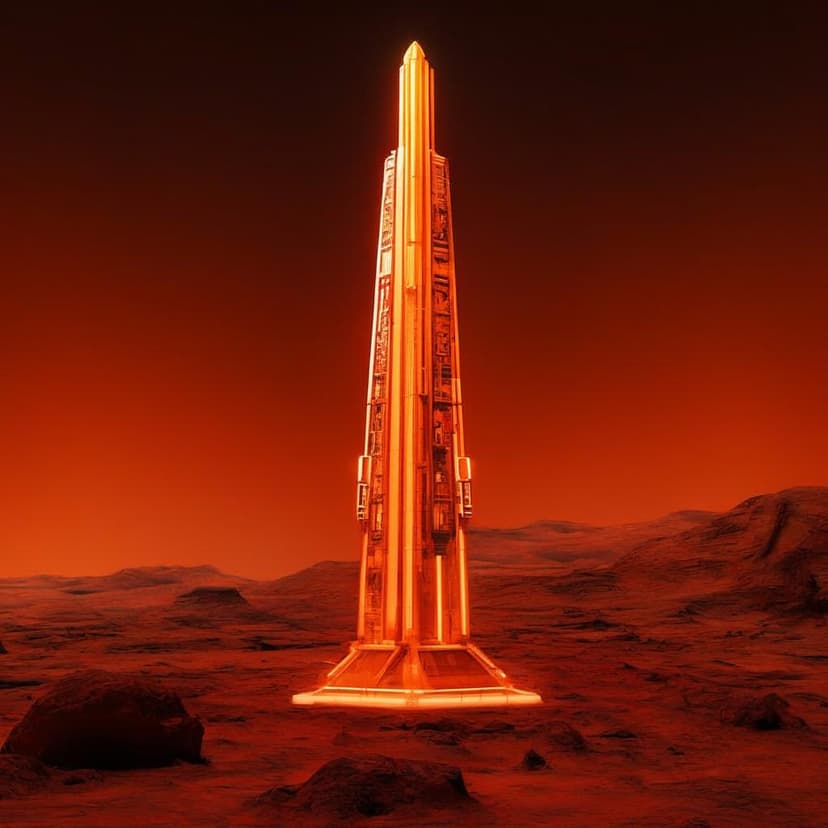 A towering sci-fi brutalist obelisk with glowing orange neon lights stands on Mars’ rusty terrain –ar 9:16 –v 7 –stylize 250