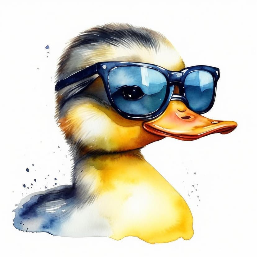 Adorable watercolor duckling wearing sunglasses on a white background –v 7 –stylize 250 –profile uuon9xh