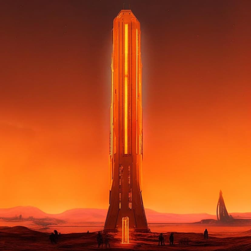 A towering sci-fi brutalist obelisk with glowing orange neon lights