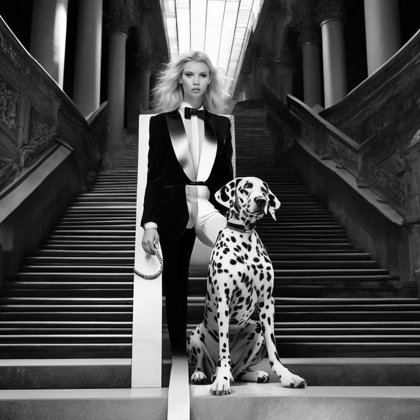 A chic model in an avant-garde tuxedo stands poised on the MET Opera stairs