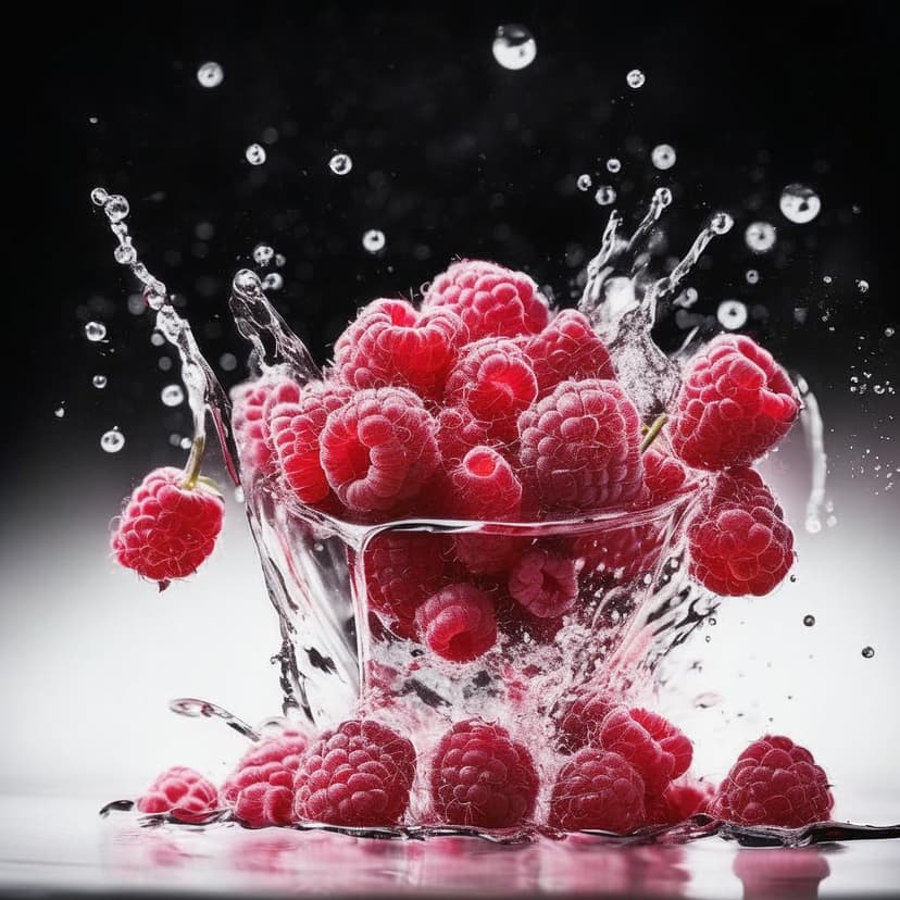 Vibrant raspberries splash through pink-tinged water against a white backdrop