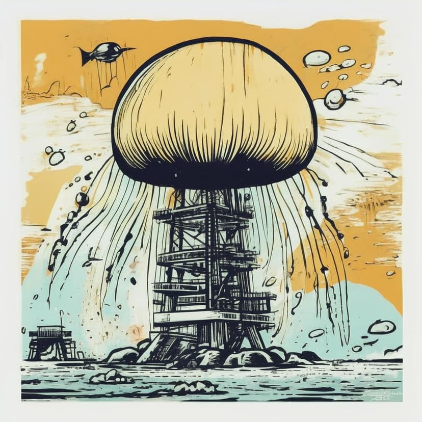 “GOGOJIFAM” – 70s Mars Attacks comic style. Cute giant jellyfish wrecks oil rig in Japanese lino-cut ink vector art. Funny