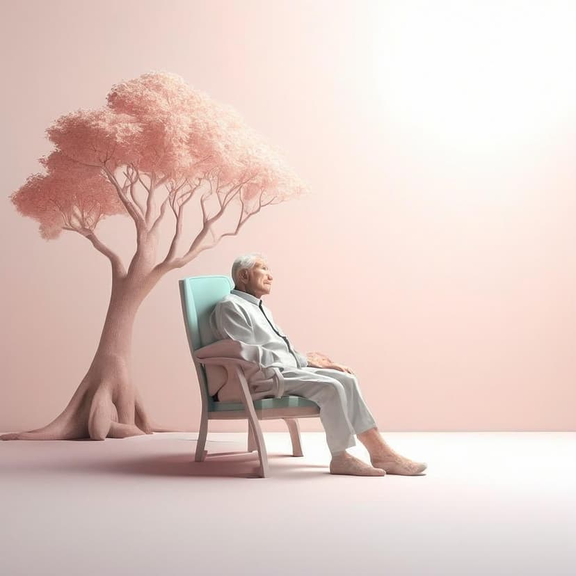 Elderly man dozing in a soft pastel chair beneath a tree