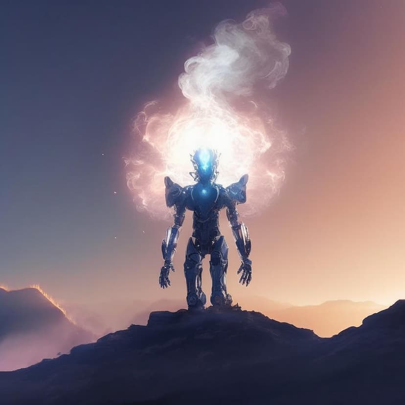 A celestial robot with a glowing halo prays atop Mount Cutlass