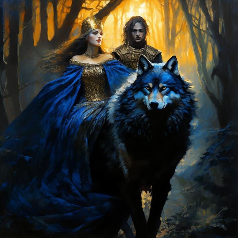 A dramatic oil painting of Slavic mythology: a brave warrior in a gold-embroidered caftan and a maiden in ancient blue robes ride a ferocious wolf through a mystical twilight forest