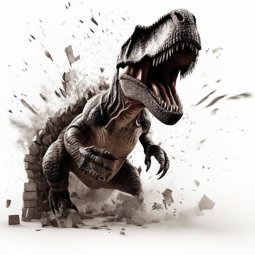 A T. rex smashes through a wall