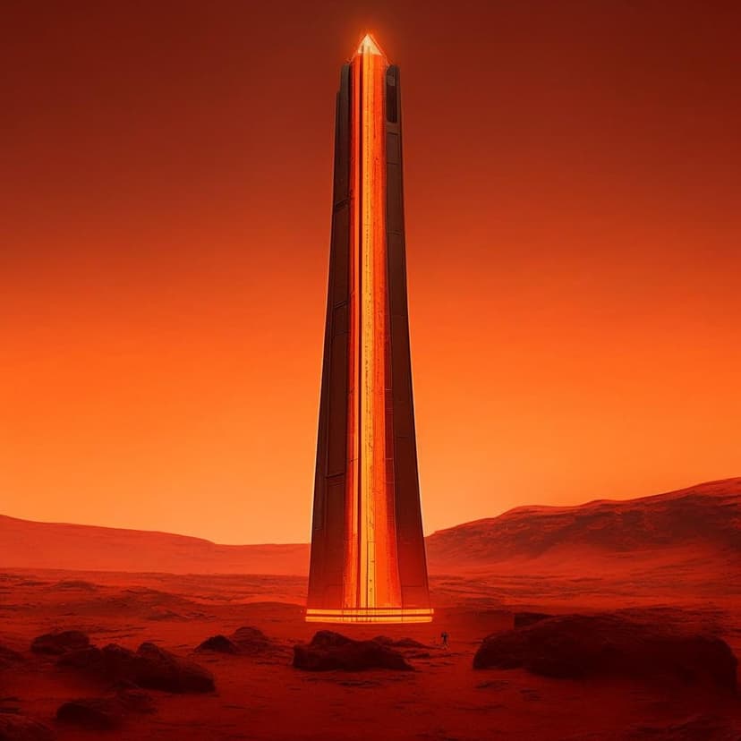 A towering sci-fi brutalist obelisk with glowing orange neon