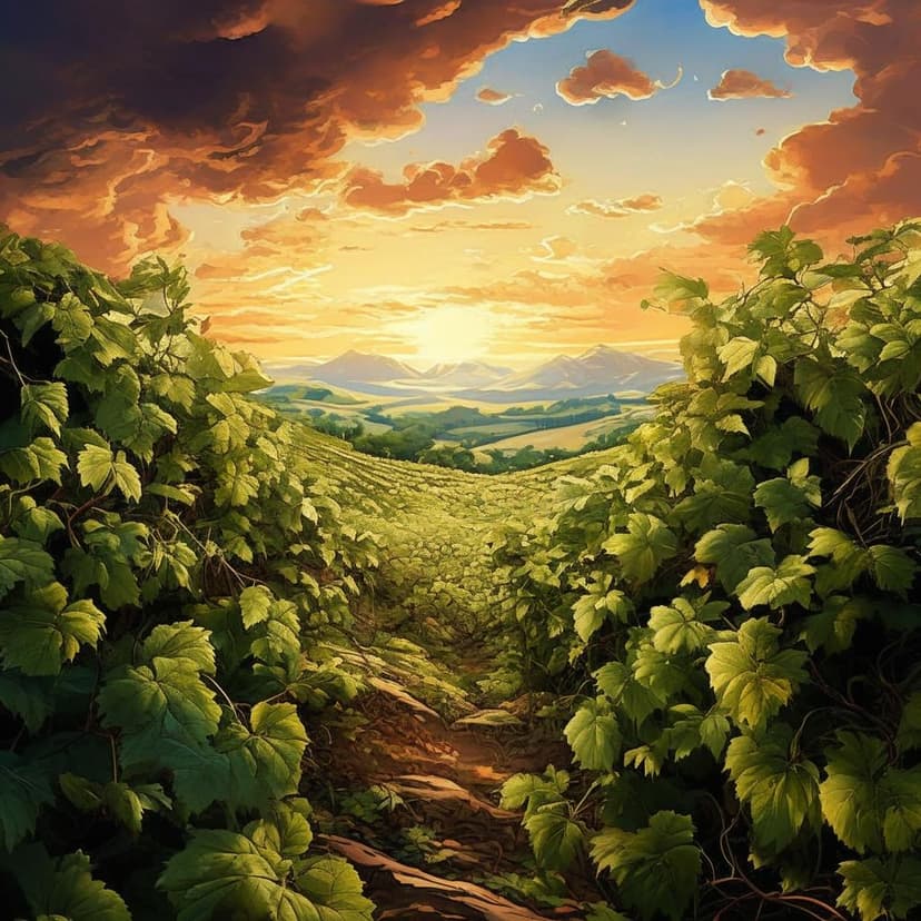 梦幻草原上矗立着巨型藤蔓吉他，碧空如洗，细节精致的超现实艺术海报。 –v 7 –stylize 250