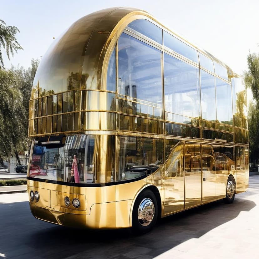 A futuristic three-story glass boutique bus glides through Tashkent’s sunny streets