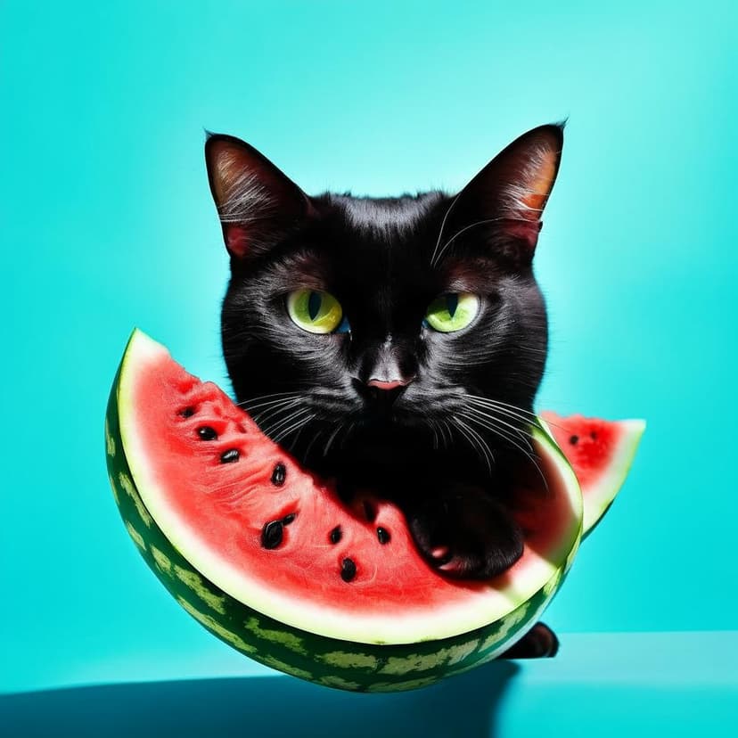 A sleek black cat peeks from behind a juicy watermelon slice against a vibrant turquoise backdrop