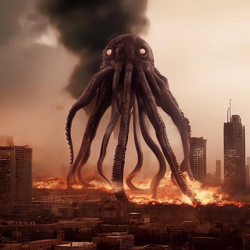 A hyper-realistic Martian tripod wields a smoking gun-tipped tentacle