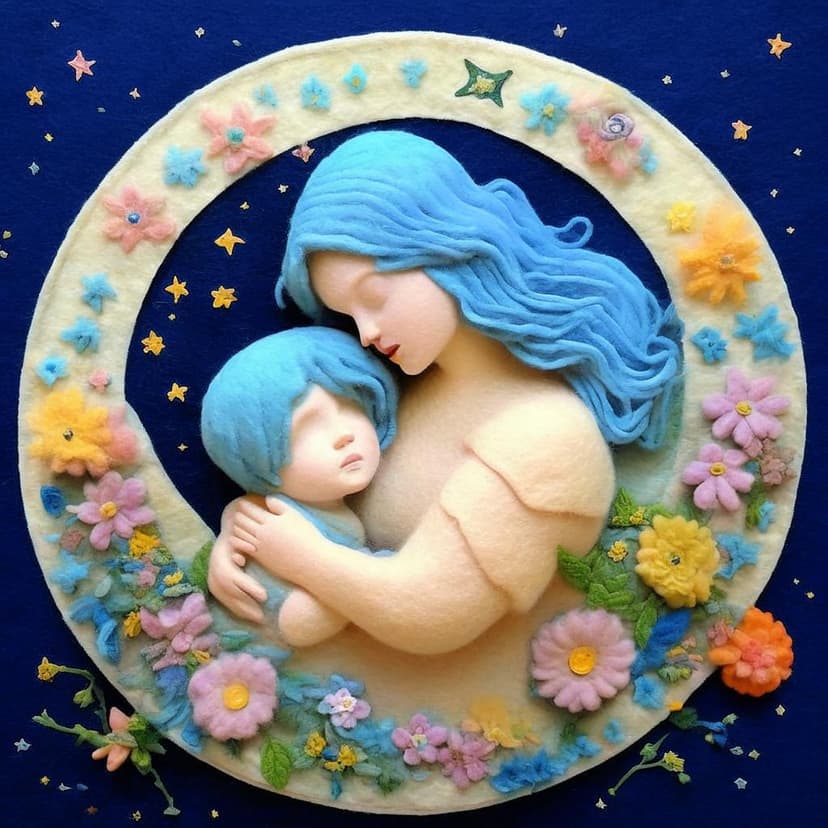 A whimsical wool felt painting in Morandi pastels shows a blue-haired angelic mother cradling her child amid stars