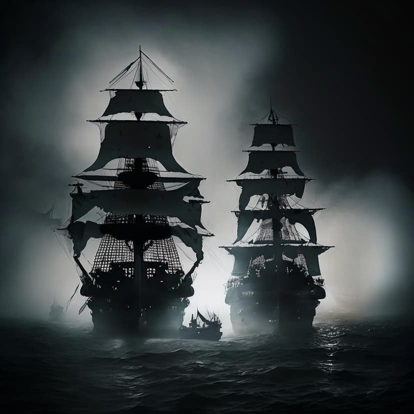 Two ghostly pirate ships loom through the mist