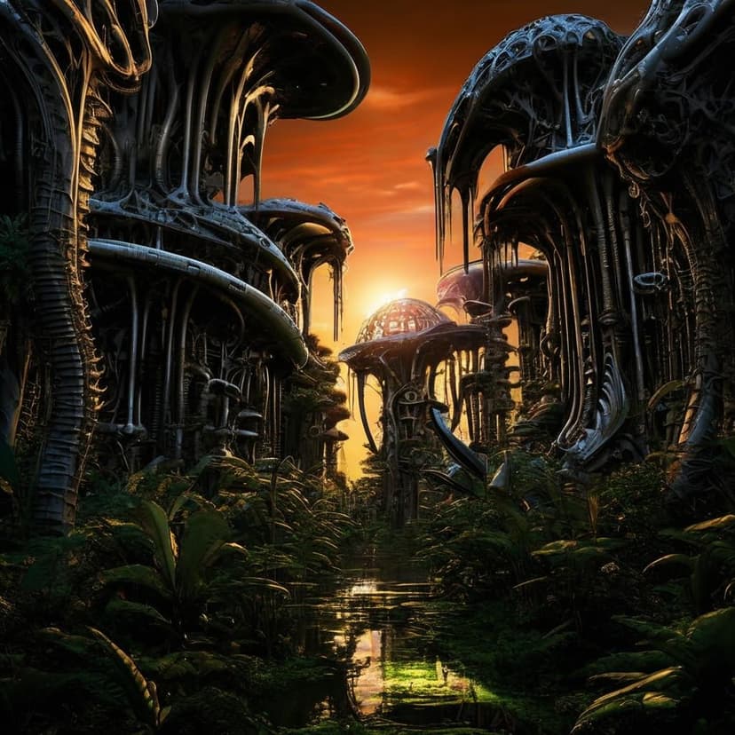 A surreal H.R. Giger jungle sunset with biomechanical flora