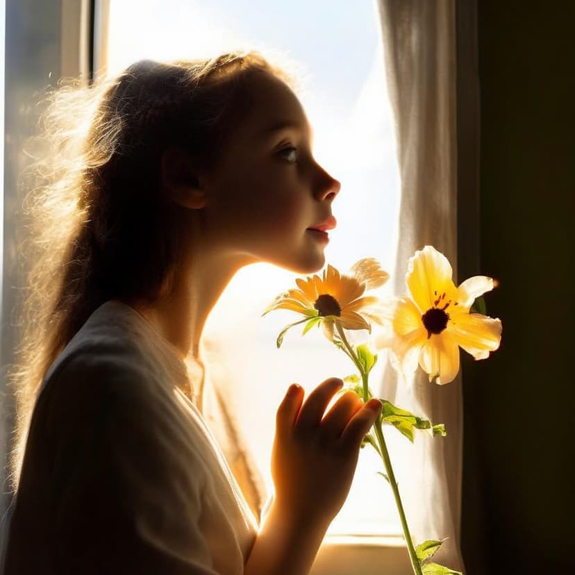 A surprised girl gently touches a flower peeking through the window