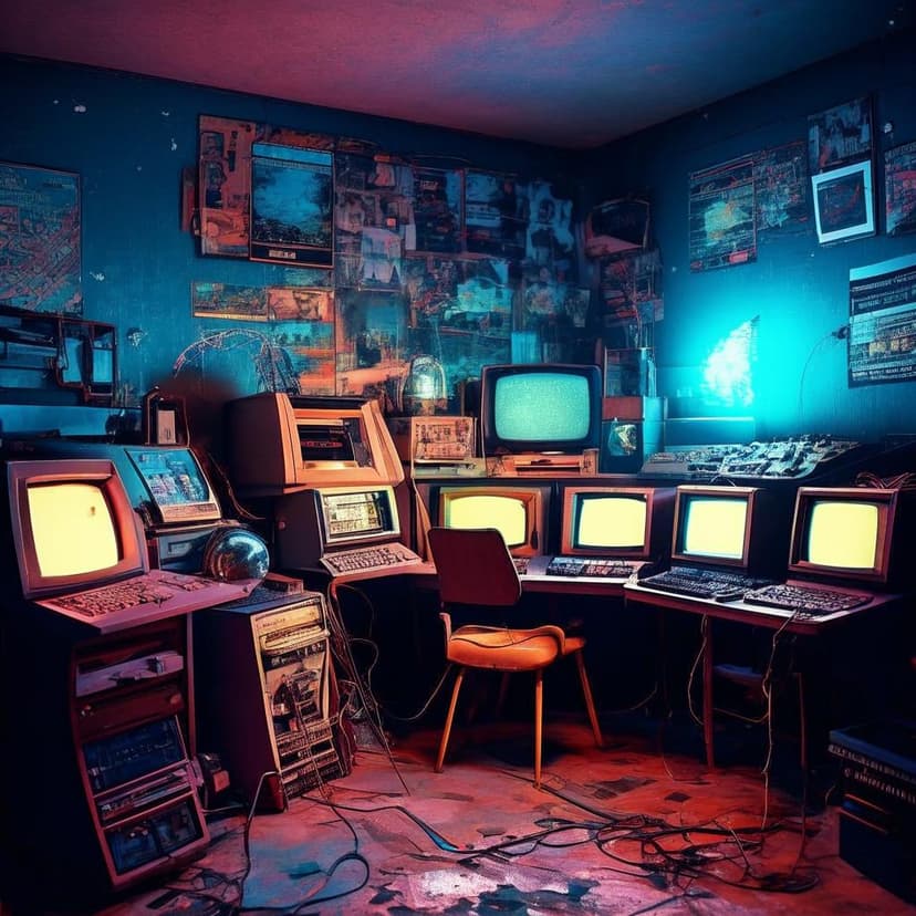 A retro 80s computer room with glowing screens
