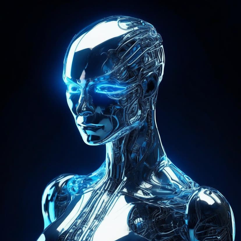A futuristic AI human form in sleek silver and blue tones