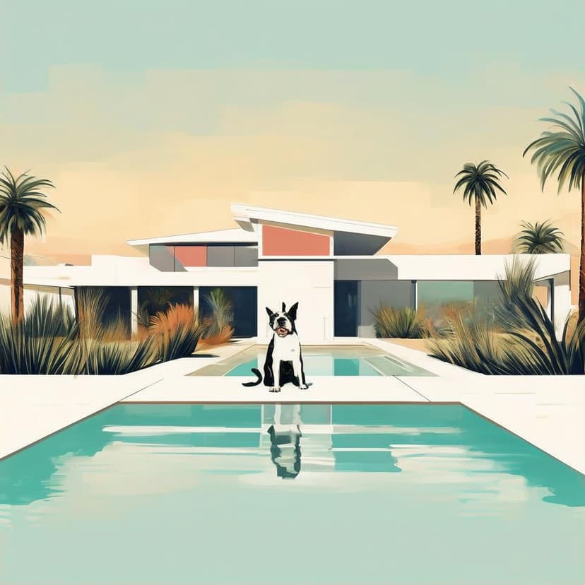 A Boston Terrier sits before a mid-century modern Palm Springs home with a pool and breeze blocks